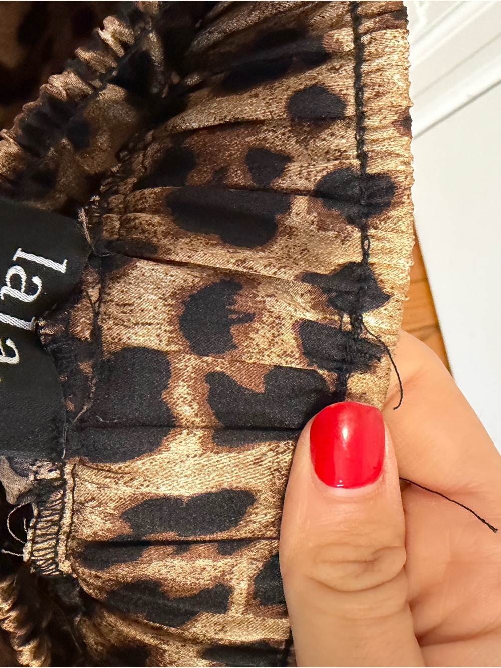 Dressed in LALA Leopard Print Satin Shorts with Black Lace Trim - Picture 4 of 6